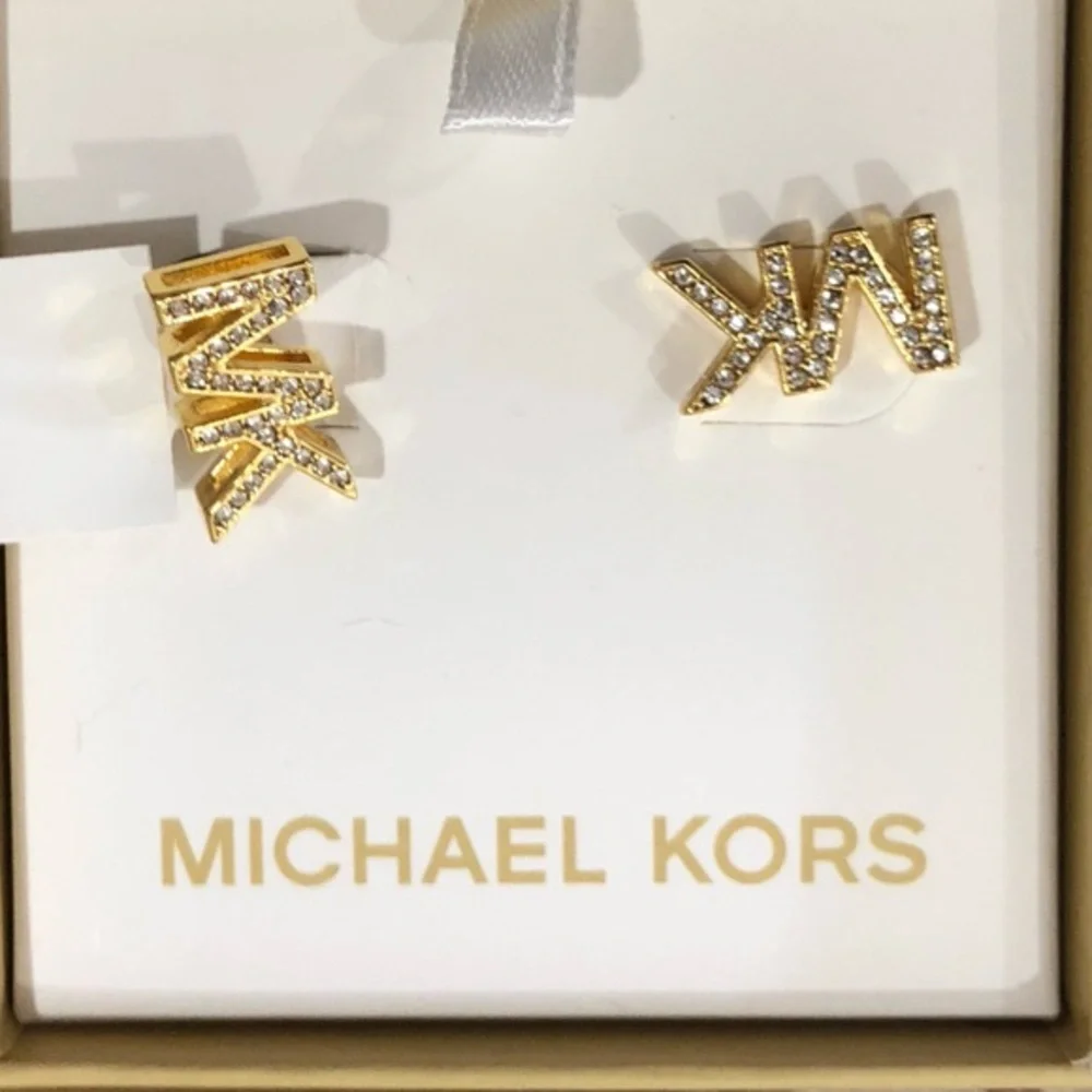 Michael Kors round crystal rhinestone embellished MK logo monogram stud earrings